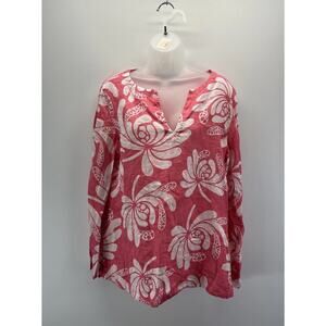 Island Company Pink & White Floral 100% Linen Beach Tunic Top Size Medium